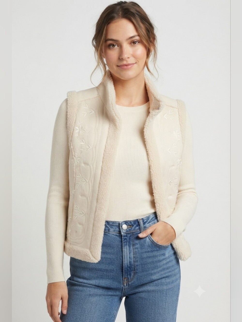 Vintage Essentials By Milano Faux Suede & Sherpa Embroidered Vest Size XL